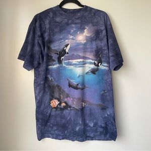 The Mountain AOP T Shirt Large Blue Ocean Print Whales 100% Cotton